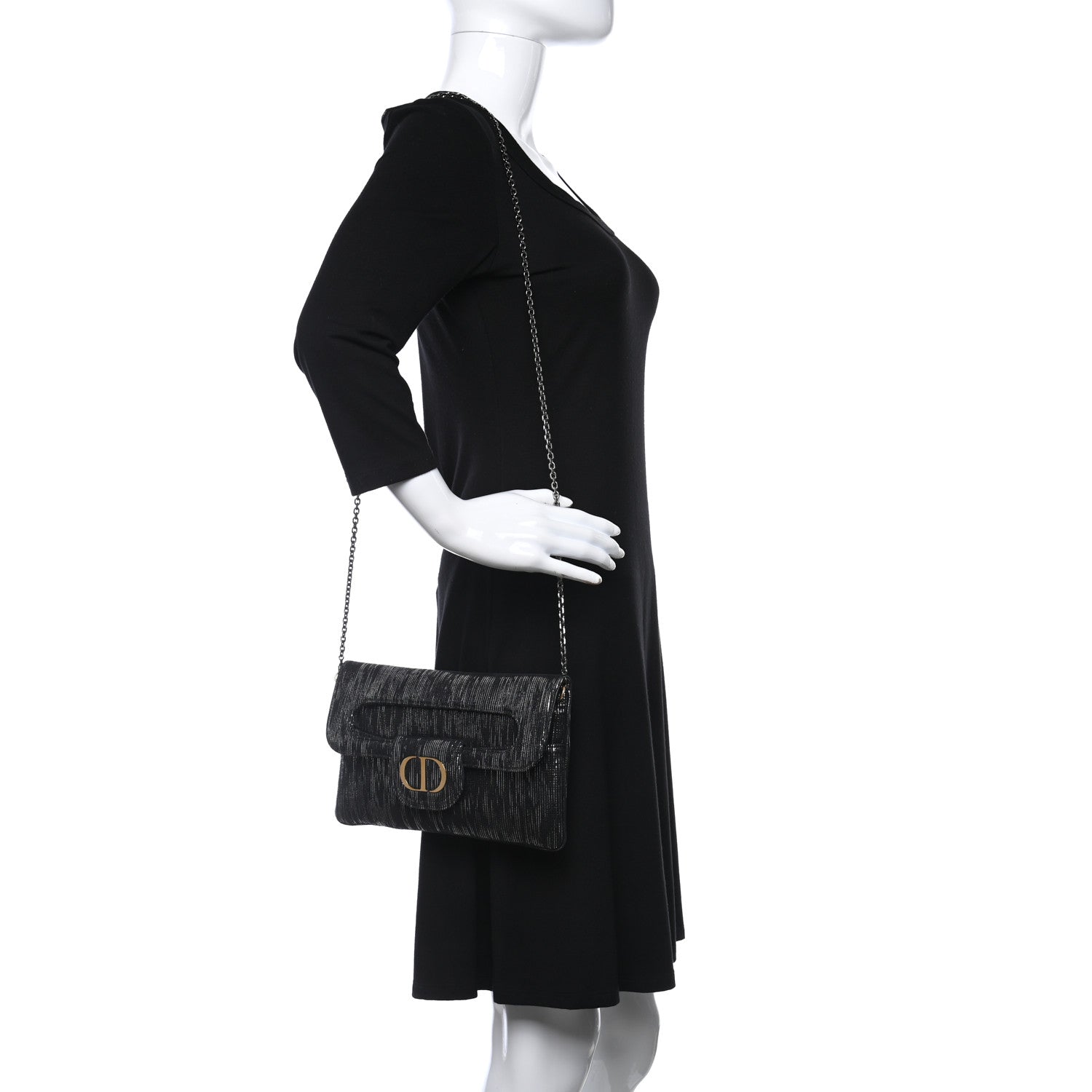 Christian Dior Metallic Nubuck Medium Diordouble Chain Bag Black Silver 3 of 8