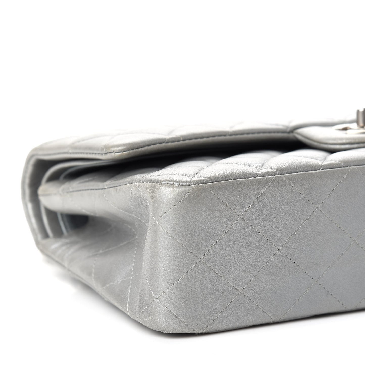 Metallic Lambskin Quilted Medium Double Flap Silver