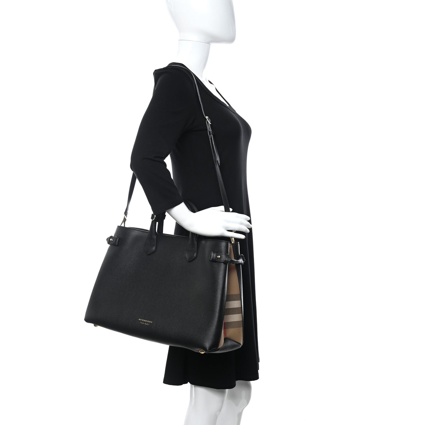 Grainy Calfskin House Check Large Banner Tote Black