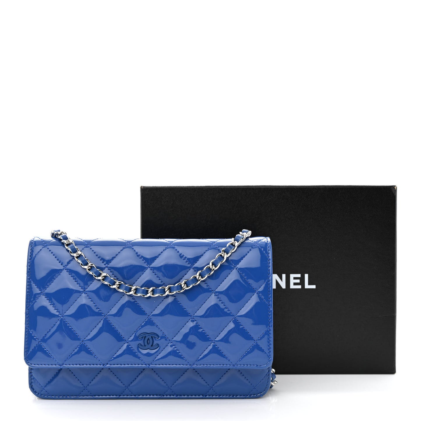Patent Quilted Wallet On Chain WOC Dark Blue
