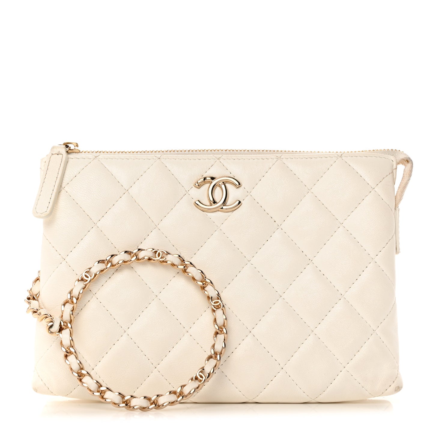 Shiny Crumpled Calfskin Quilted Clutch Bag White