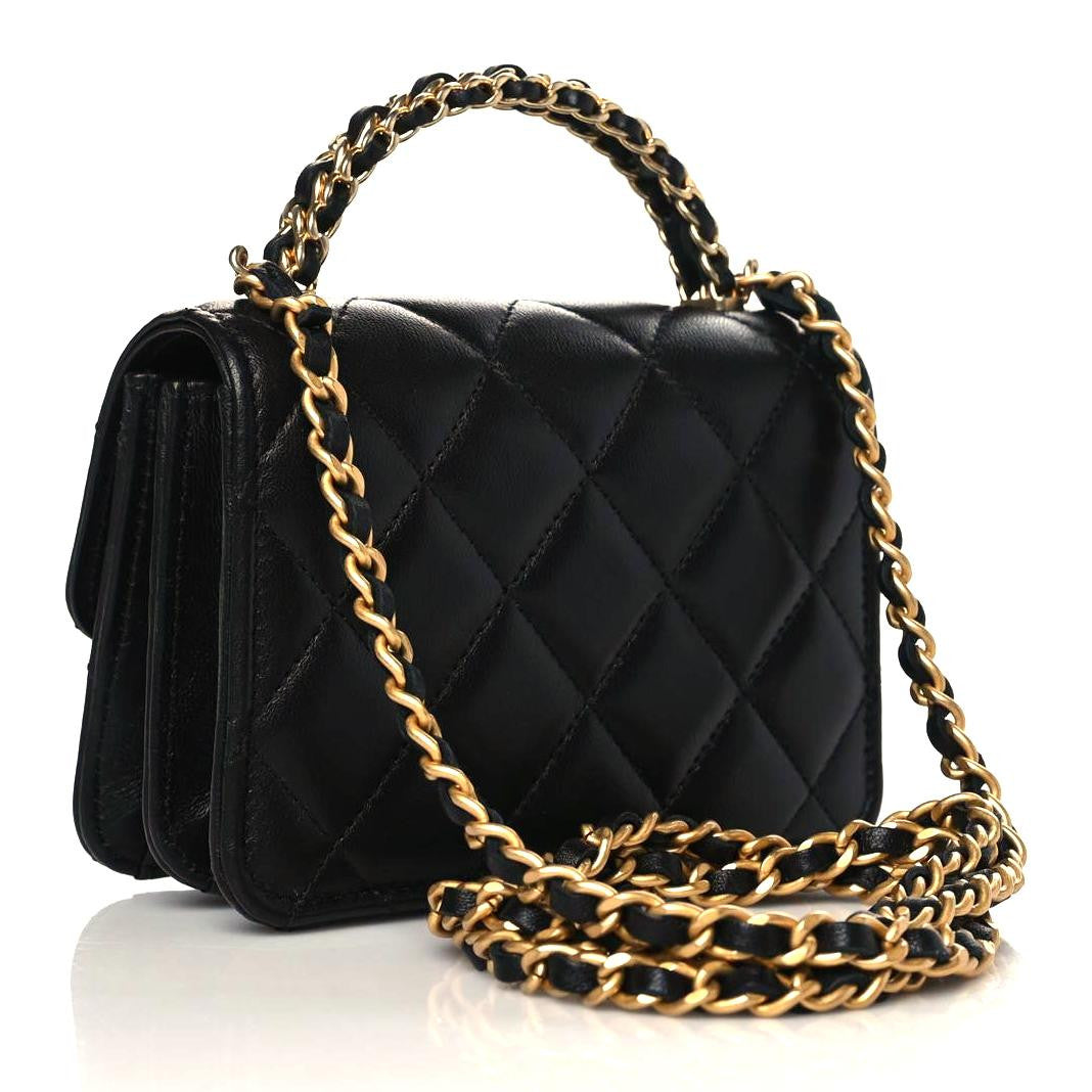Lambskin Quilted Chain Top Handle Clutch With Chain Black