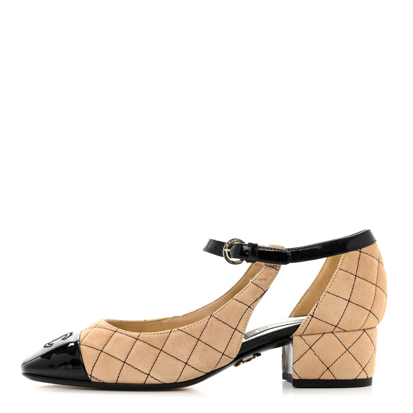 Suede Kidskin Patent Cap Toe Quilted Mary Jane Flats 37 Beige Black