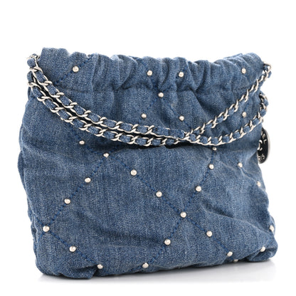 Chanel Washed Denim Quilted Studded Mini Chanel 22 Blue 3 of 10