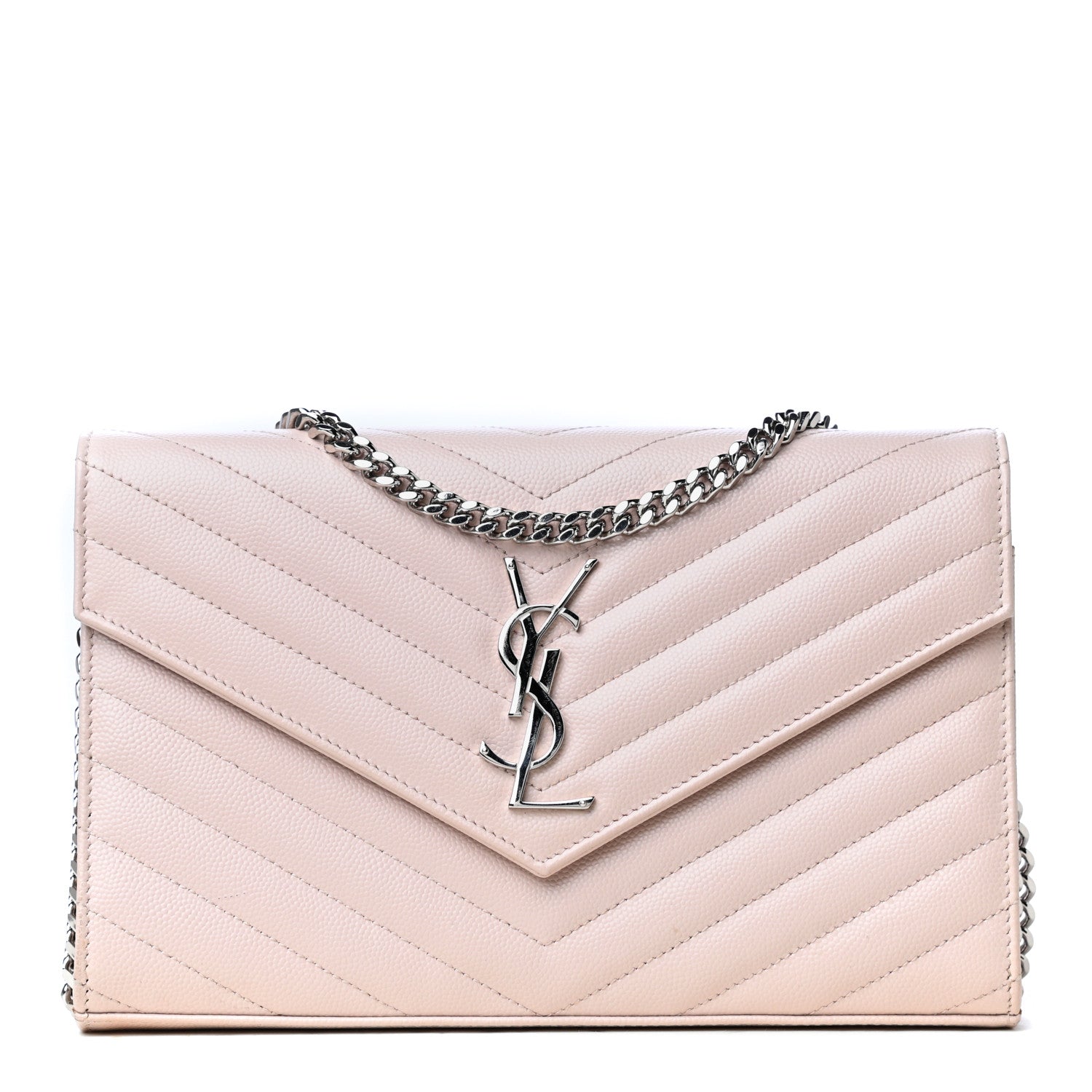 Saint Laurent Grain De Poudre Matelasse Chevron Monogram Chain Wallet Pink 2 of 8