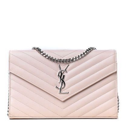 Saint Laurent Grain De Poudre Matelasse Chevron Monogram Chain Wallet Pink 2 of 8
