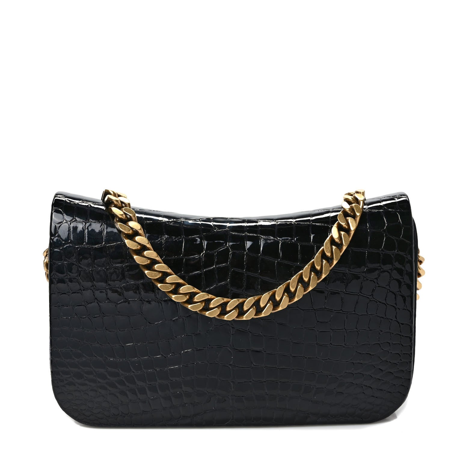 Saint Laurent Patent Calfskin Crocodile Embossed Elise Chain Shoulder Bag Black 1 of 10