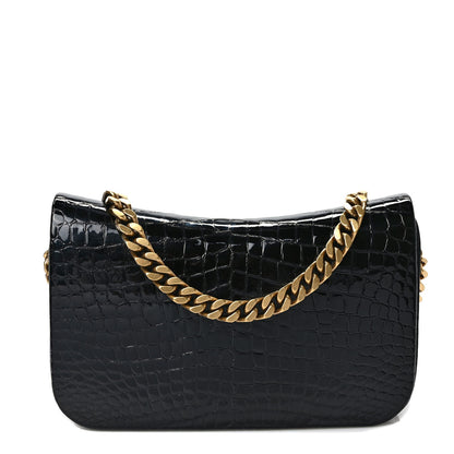 Saint Laurent Patent Calfskin Crocodile Embossed Elise Chain Shoulder Bag Black 1 of 10