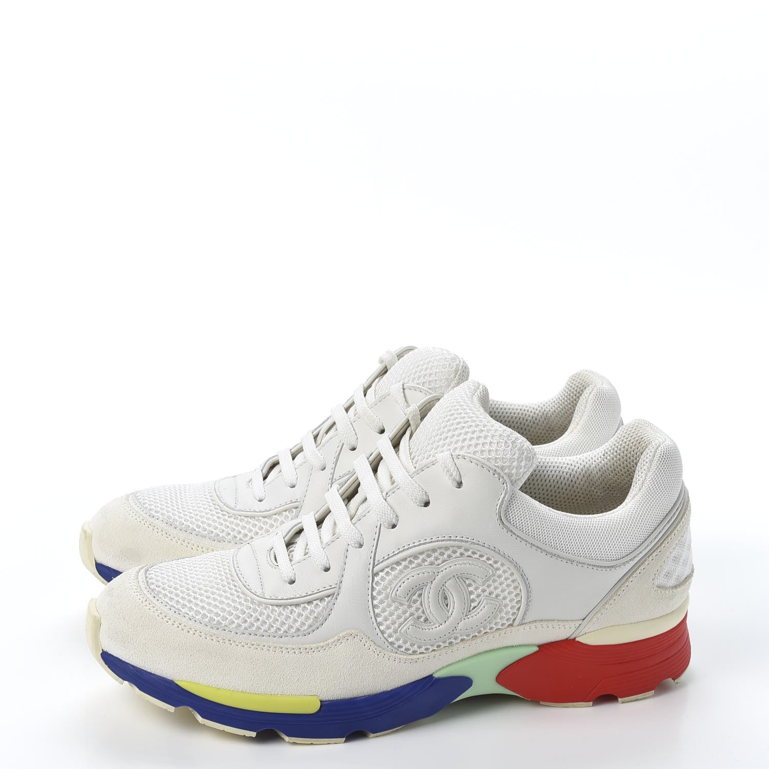 Chanel Calfskin Suede Fabric Womens CC Sneakers 38.5 White Blue Red 2 of 12