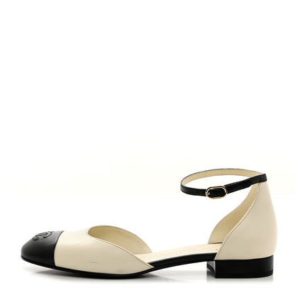 Chanel Lambskin Cap Toe CC Ankle Strap Flats 38.5 Ivory Black 1 of 8