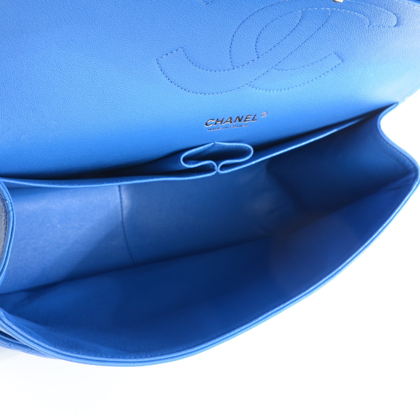 Lambskin Quilted Jumbo Double Flap Bright Blue