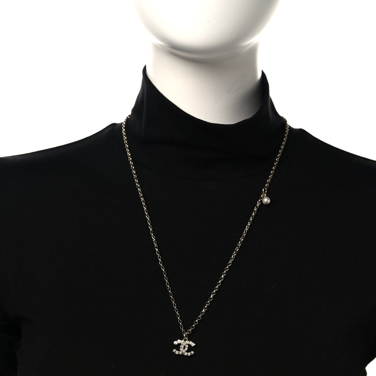 Chanel Metal Pearl Crystal CC Textured Pendant Necklace Gold 2 of 5