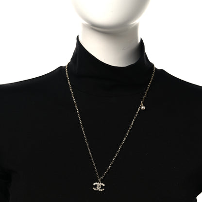 Chanel Metal Pearl Crystal CC Textured Pendant Necklace Gold 2 of 5