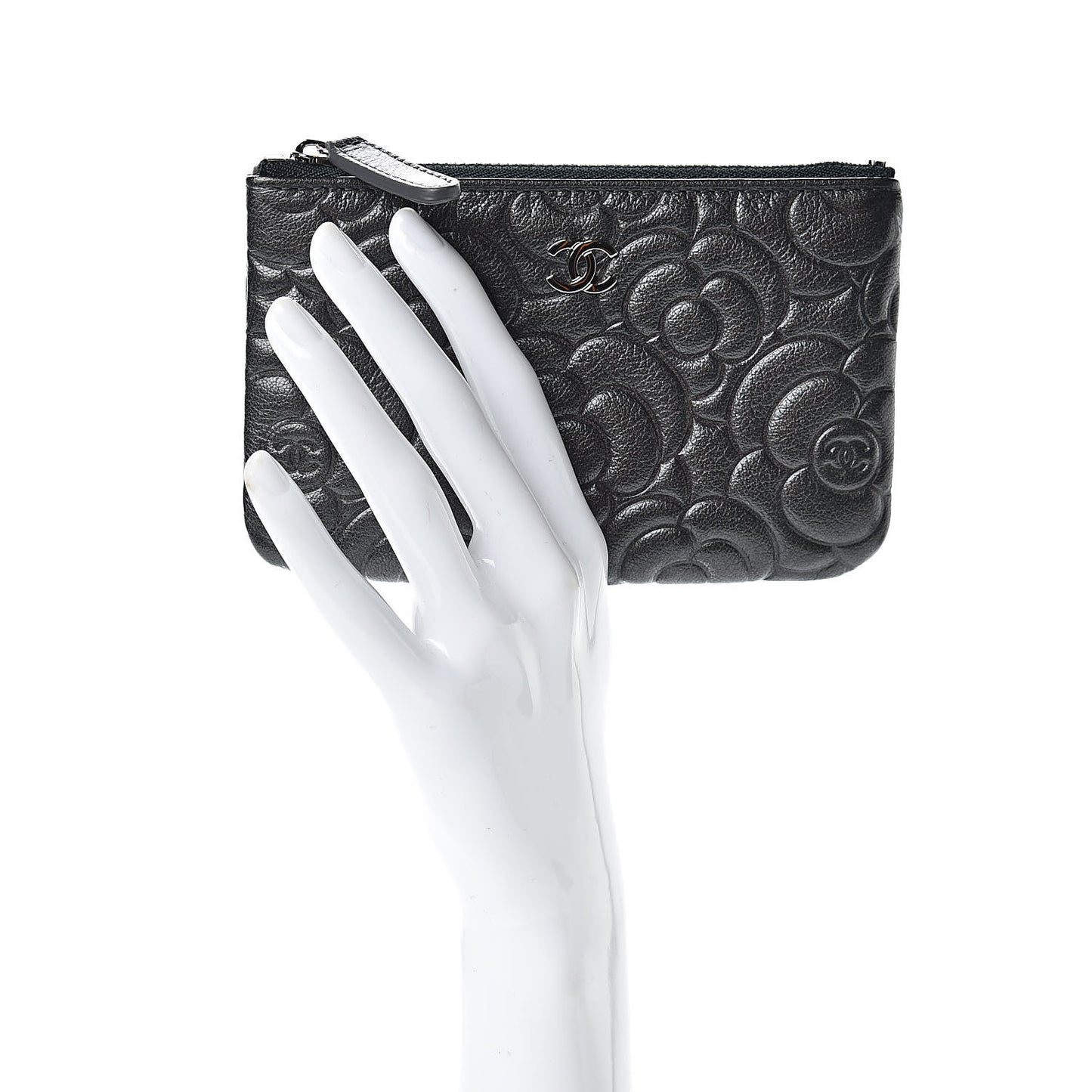 Goatskin Camellia Embossed Cosmetic Pouch Anthracite
