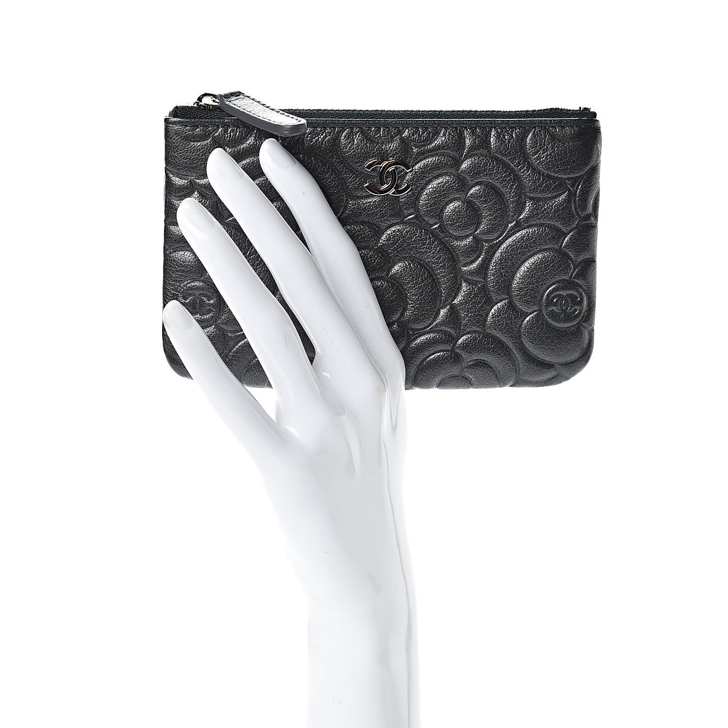 Chanel Goatskin Camellia Embossed Cosmetic Pouch Anthracite 2 of 8