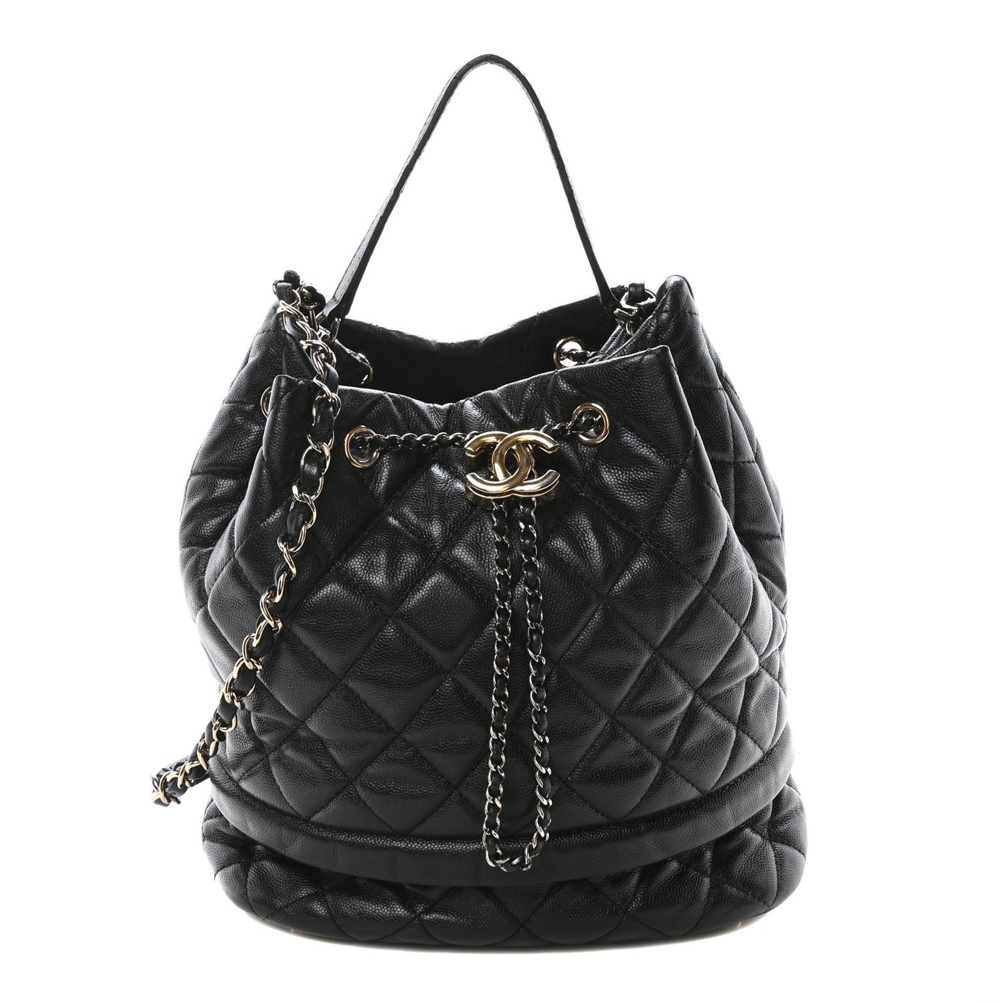 Caviar Quilted Large Rolled Up Bucket Drawstring Bag Black
