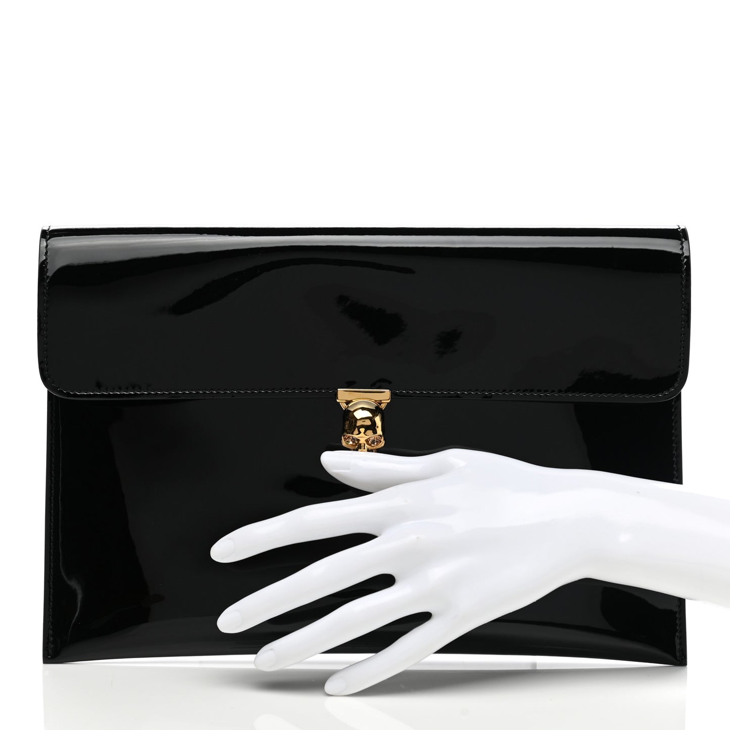 Patent Skull Lock Envelope Clutch Black