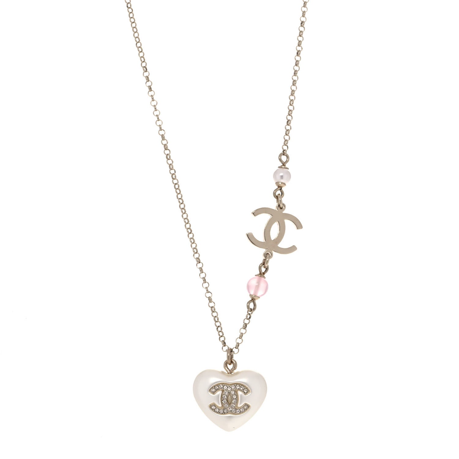 Chanel Resin Crystal CC Heart Necklace Pearly White Gold 1 of 6