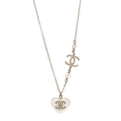 Chanel Resin Crystal CC Heart Necklace Pearly White Gold 1 of 6