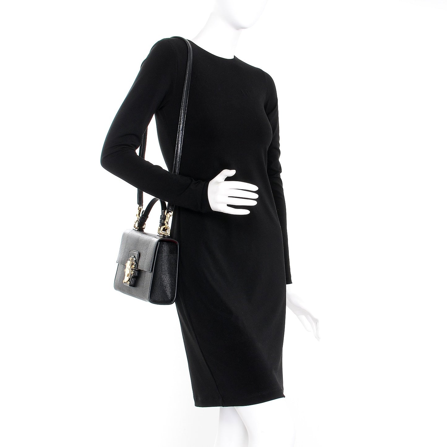 Iguana Calfskin Embossed Lucia Top Handle Bag Black