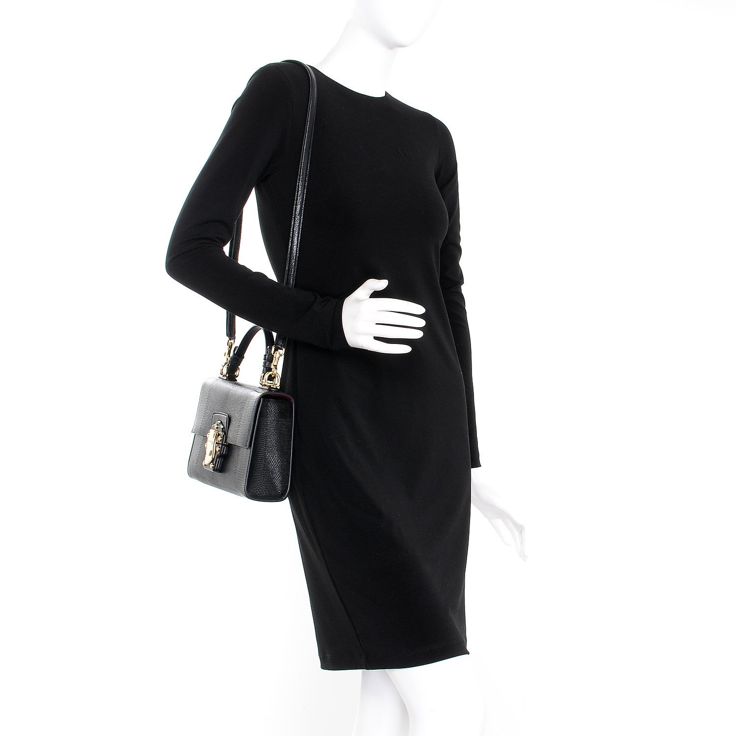 Dolce & Gabbana Iguana Calfskin Embossed Lucia Top Handle Bag Black 2 of 9