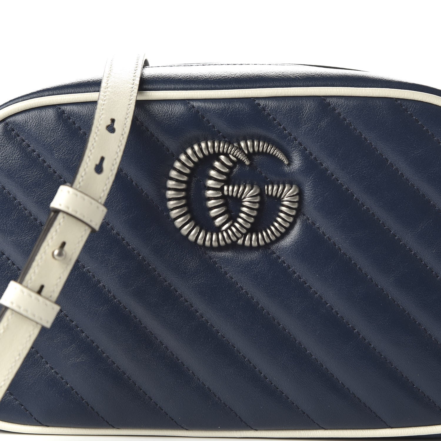 Gucci Vintage Effect Calfskin Matelasse Diagonal Small Torchon GG Marmont Chain Shoulder Bag Blue Agata Mystic White 10 of 10