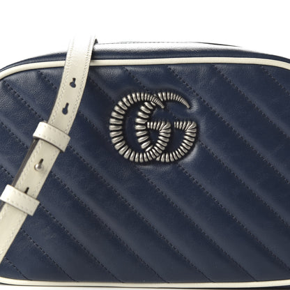 Gucci Vintage Effect Calfskin Matelasse Diagonal Small Torchon GG Marmont Chain Shoulder Bag Blue Agata Mystic White 10 of 10