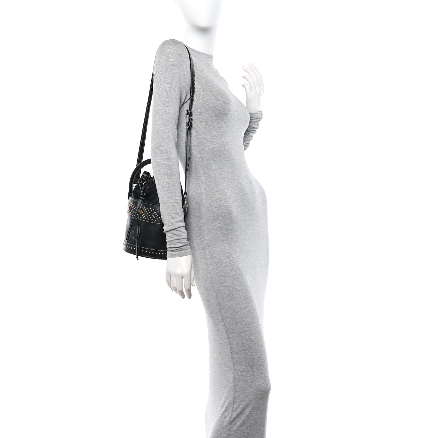Smooth Calfskin Studded Small Bahia Drawstring Bucket Bag Black Multicolor