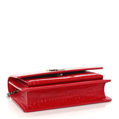 Saint Laurent Calfskin Crocodile Embossed Monogram Sunset Chain Wallet Rouge Eros 4 of 8