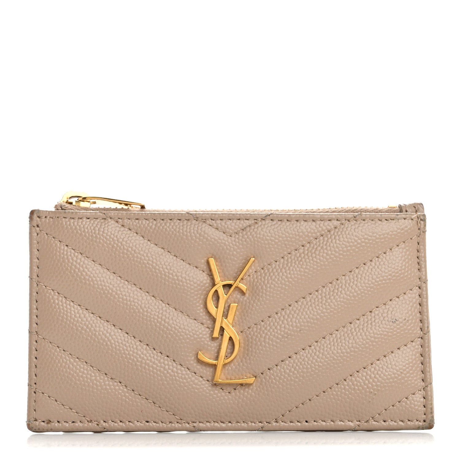 Saint Laurent Grain De Poudre Matelasse Chevron Monogram Fragments Zippered Card Case Deep Beige 1 of 13