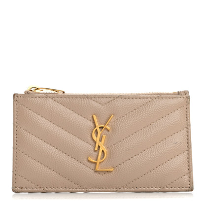 Saint Laurent Grain De Poudre Matelasse Chevron Monogram Fragments Zippered Card Case Deep Beige 1 of 13