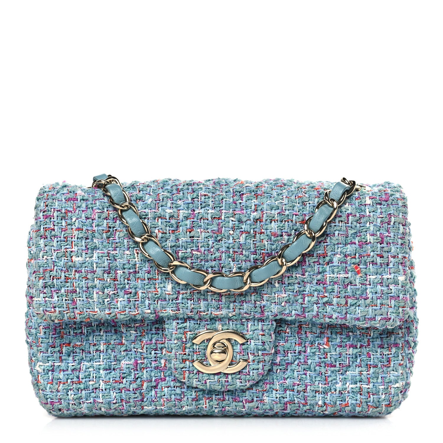 Chanel Tweed Quilted Mini Rectangular Flap Turquoise Purple White Red 1 of 9