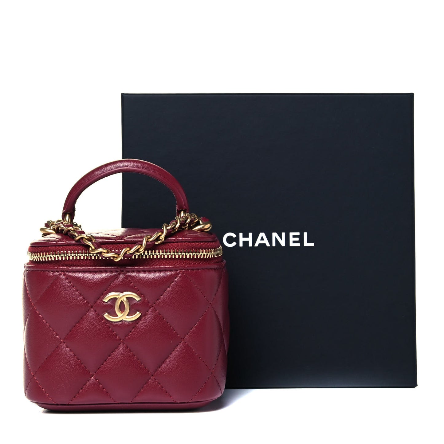 Lambskin Quilted Top Handle Mini Vanity Case With Chain Burgundy