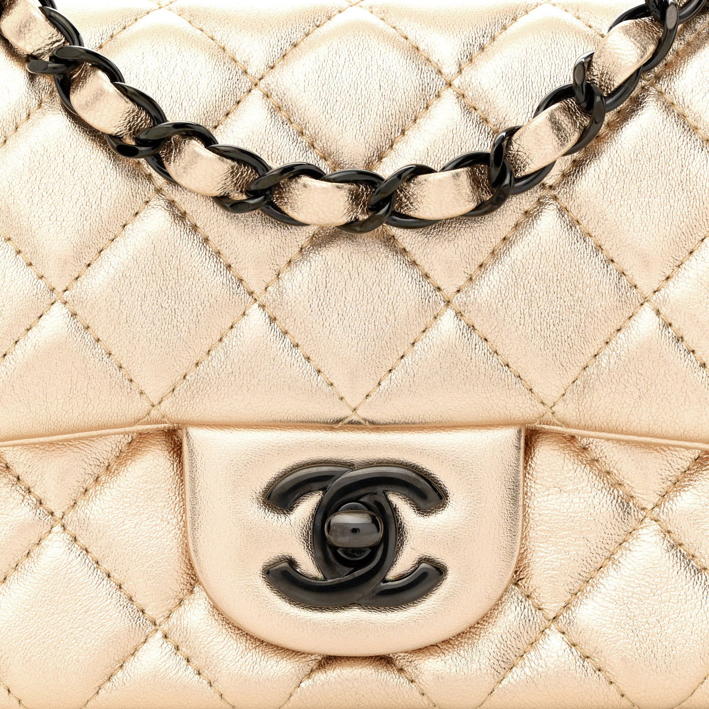 Metallic Lambskin Quilted Mini Square Flap Gold Black
