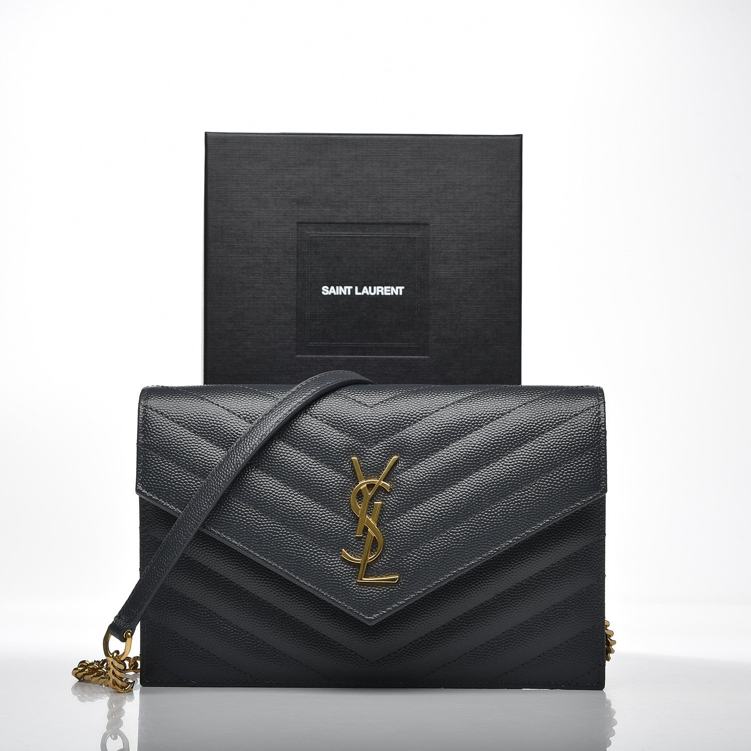 Saint Laurent Grain De Poudre Matelasse Chevron Monogram Envelope Chain Wallet Dark Smog 9 of 9