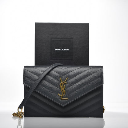 Saint Laurent Grain De Poudre Matelasse Chevron Monogram Envelope Chain Wallet Dark Smog 9 of 9