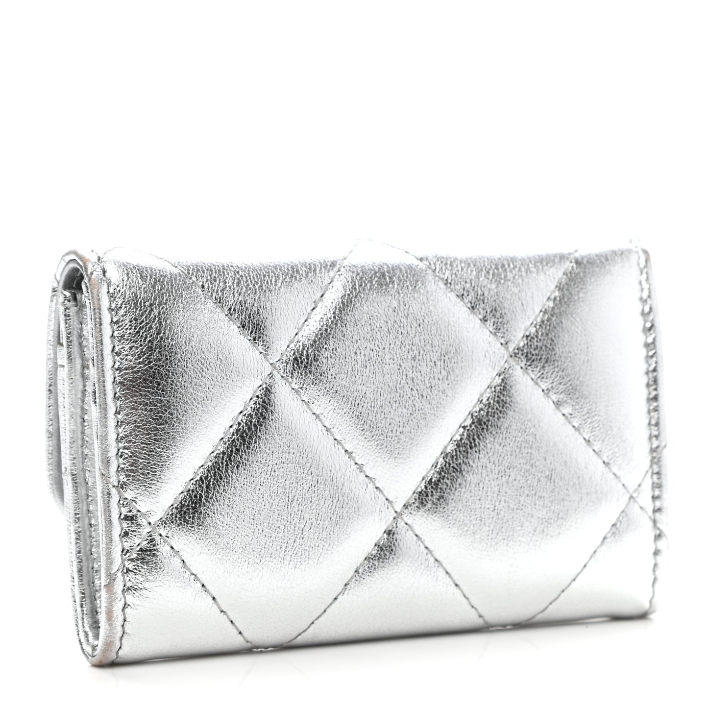 Metallic Goatskin Quilted Chanel 19 Flap Card Holder Silver