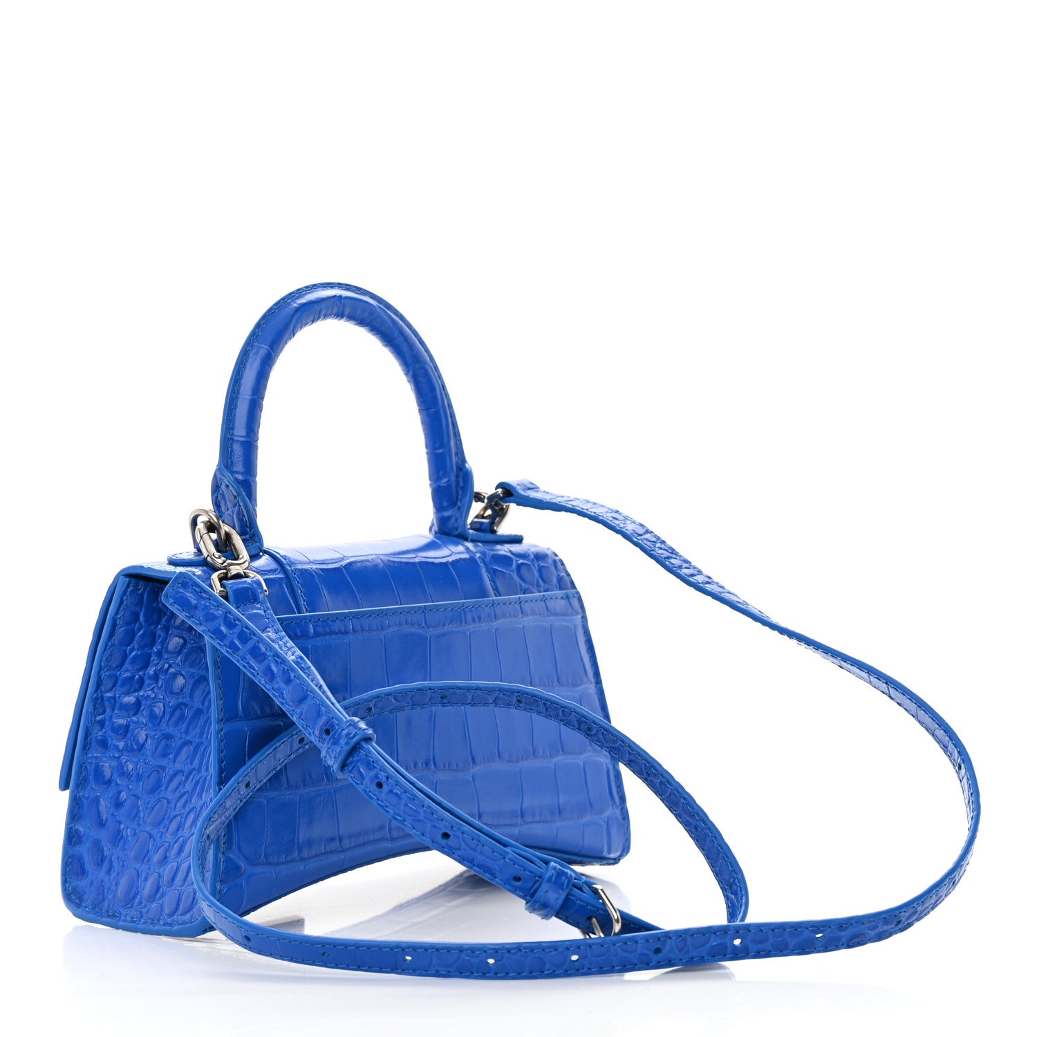 Balenciaga Shiny Calfskin Crocodile Embossed Hourglass Top Handle Bag XS Royal Blue 3 of 15