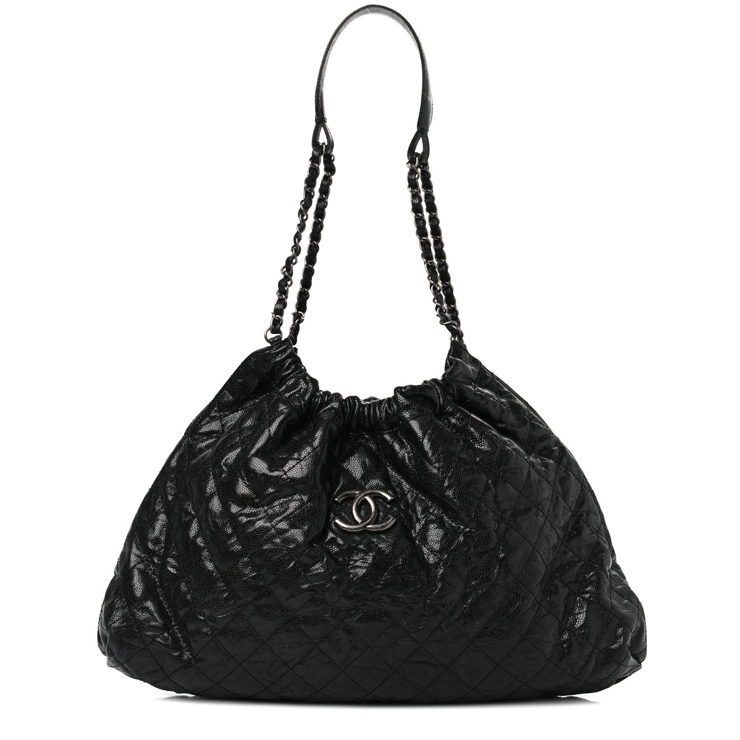 Crumpled Grained Calfskin Quilted Medium Elastic Tote Black