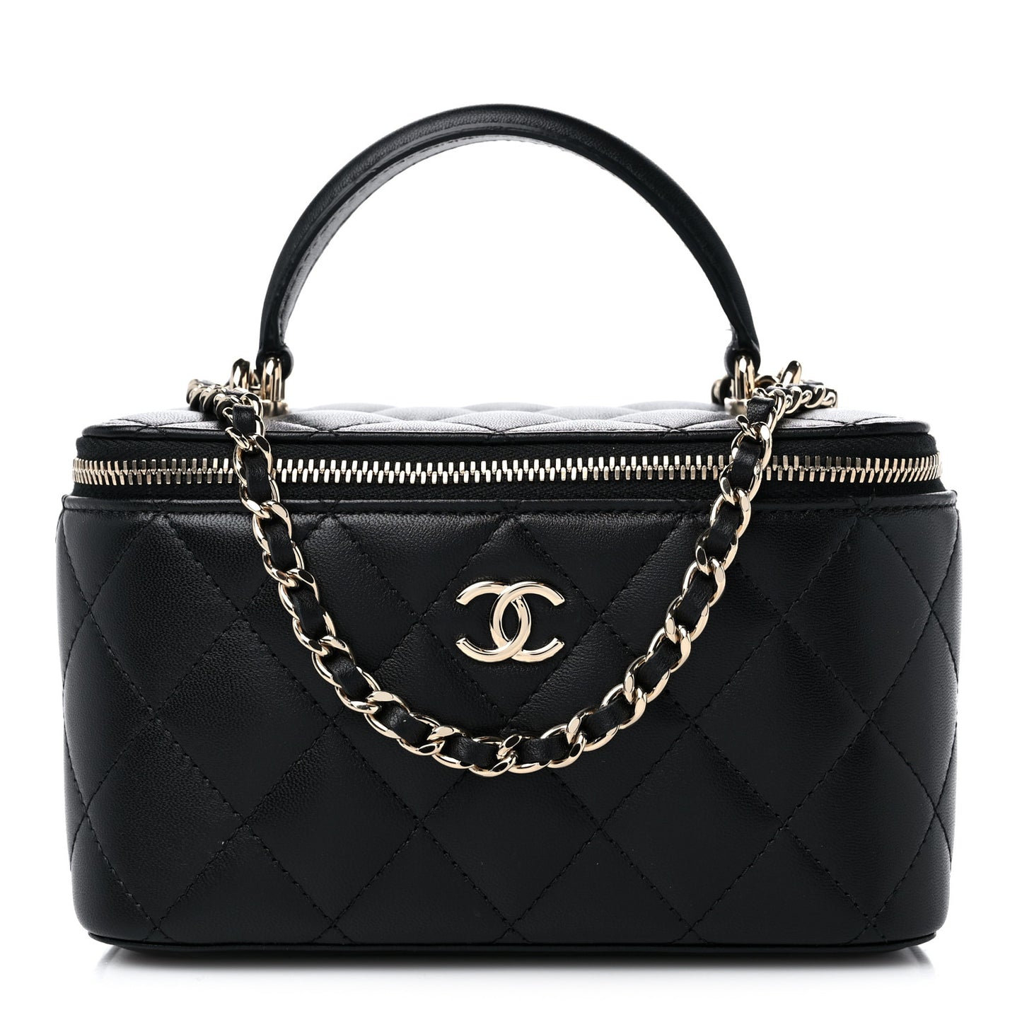 Lambskin Quilted Small Top Handle Vanity Case With Chain Black