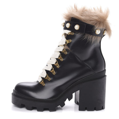 Gucci Magnum Calfskin Fur Pearl Lace Up Combat Ankle Boots 40 Black Naturale 1 of 7