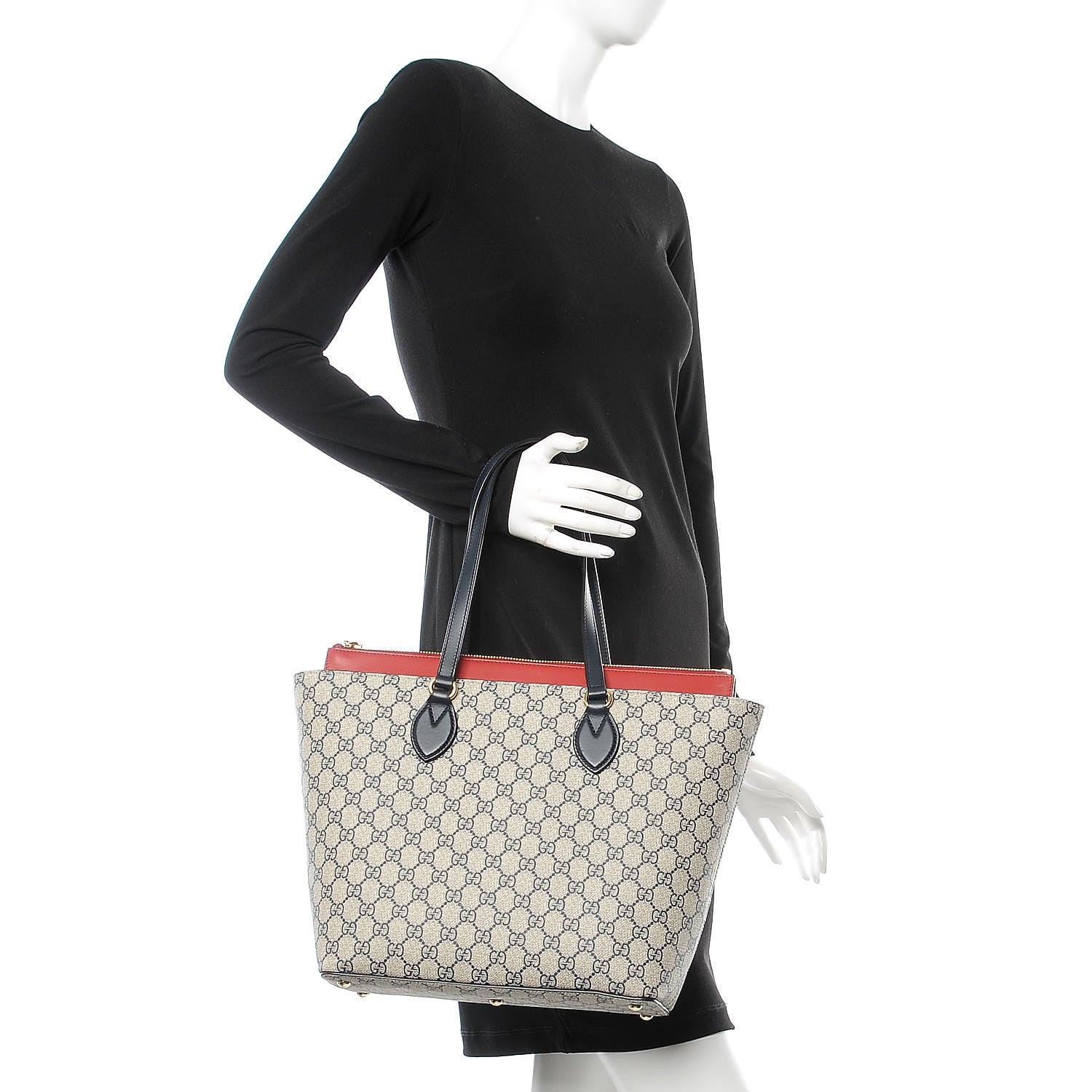 Gucci GG Supreme Monogram Medium Zippered Bucket Tote Beige Blue Hibiscus Red 2 of 8