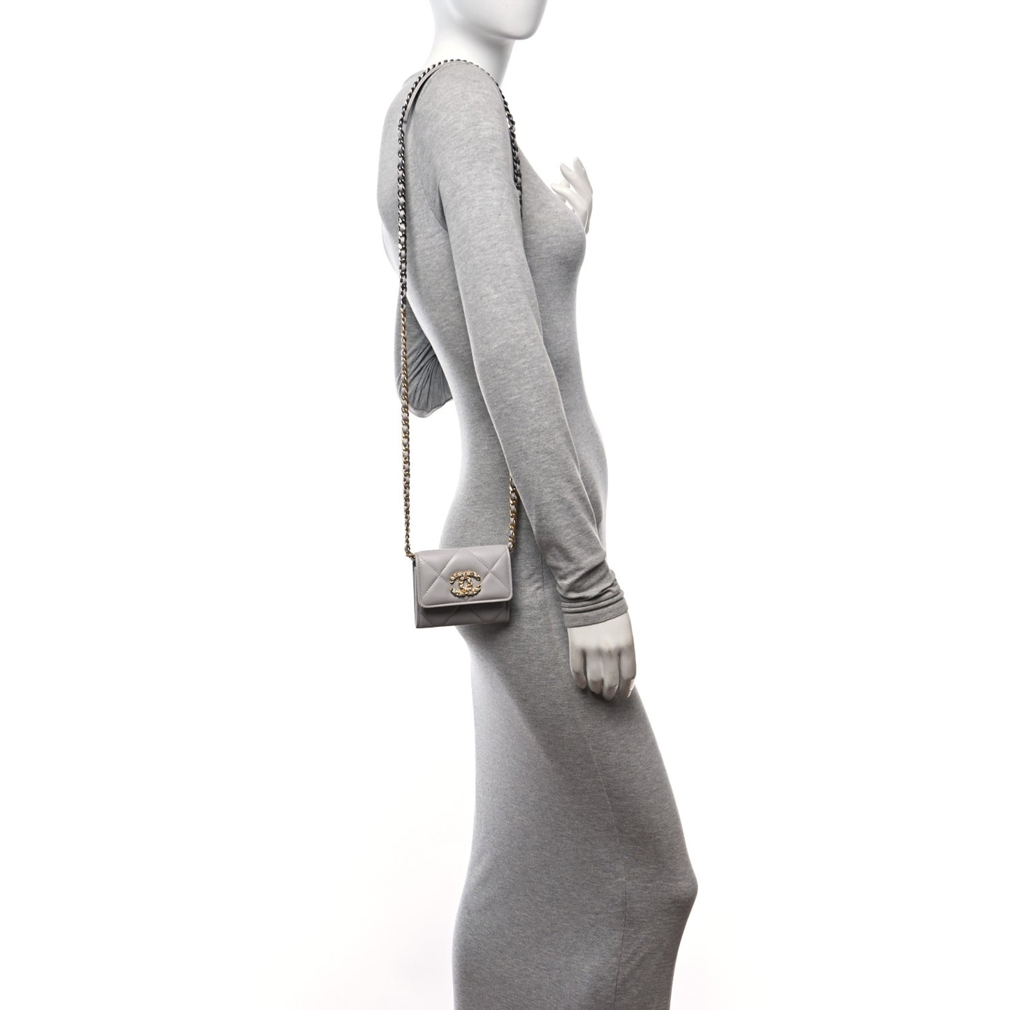 Lambskin Quilted Chanel 19 Flap Coin Purse With Chain Grey
