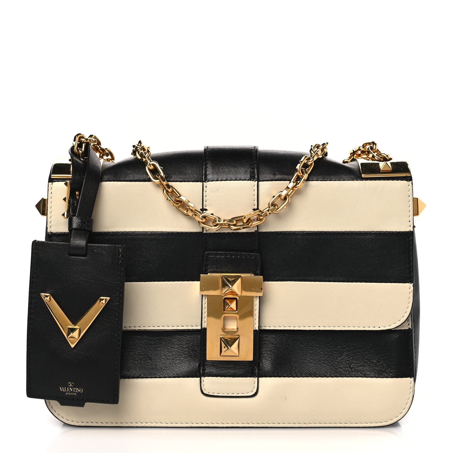 Nappa Striped B-Rockstud Flap Black Light Ivory