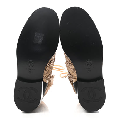 Chanel Embroidered Lambskin Grosgrain Lace Up Boots 37 Beige Black 5 of 9