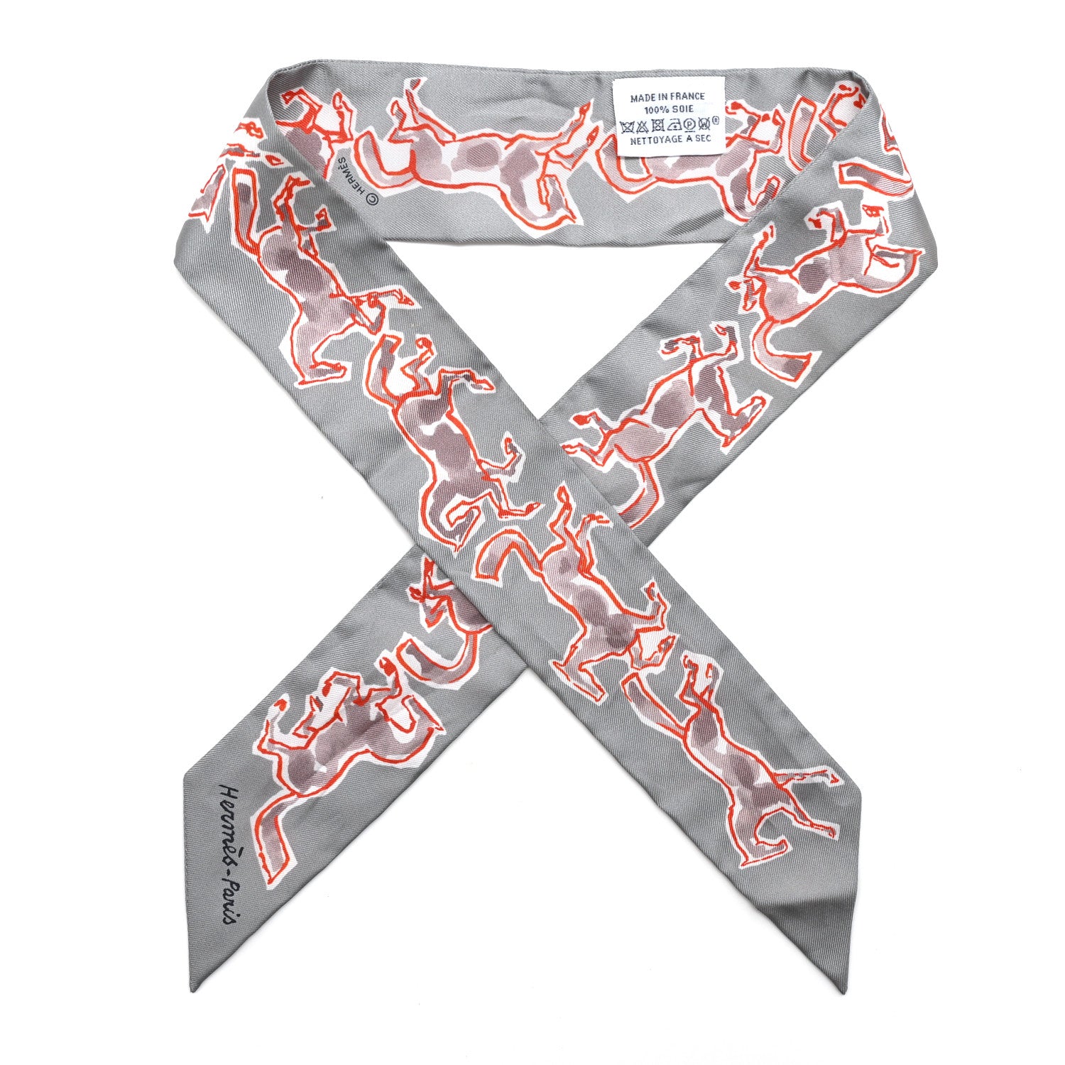 Hermes Silk Chevaux En Liberte Twilly Gris Perle Rouge White 1 of 5