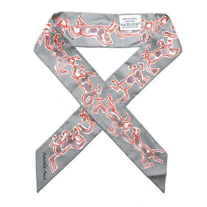 Hermes Silk Chevaux En Liberte Twilly Gris Perle Rouge White 1 of 5