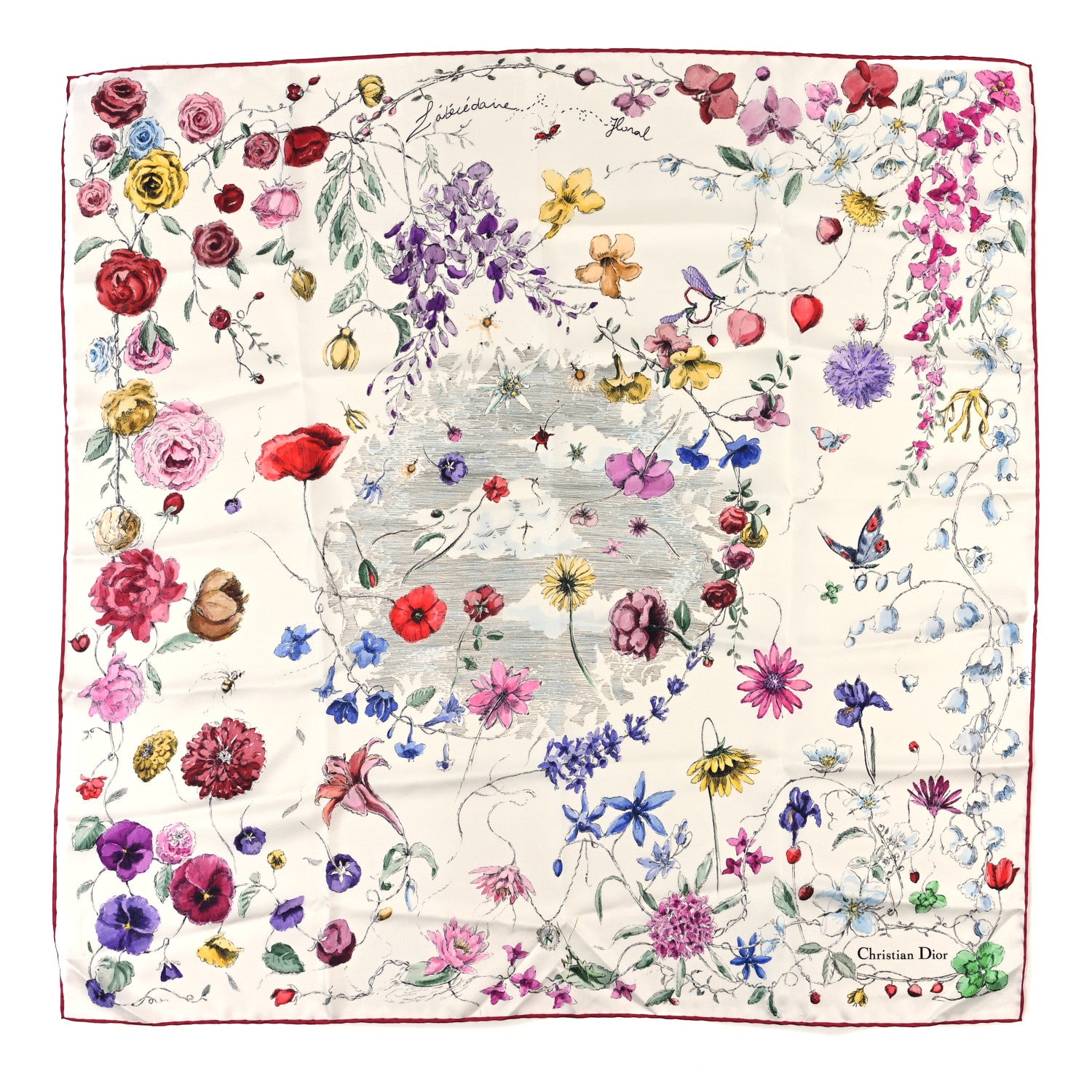 Christian Dior Silk Florilegio 90 Square Scarf Red 1 of 3
