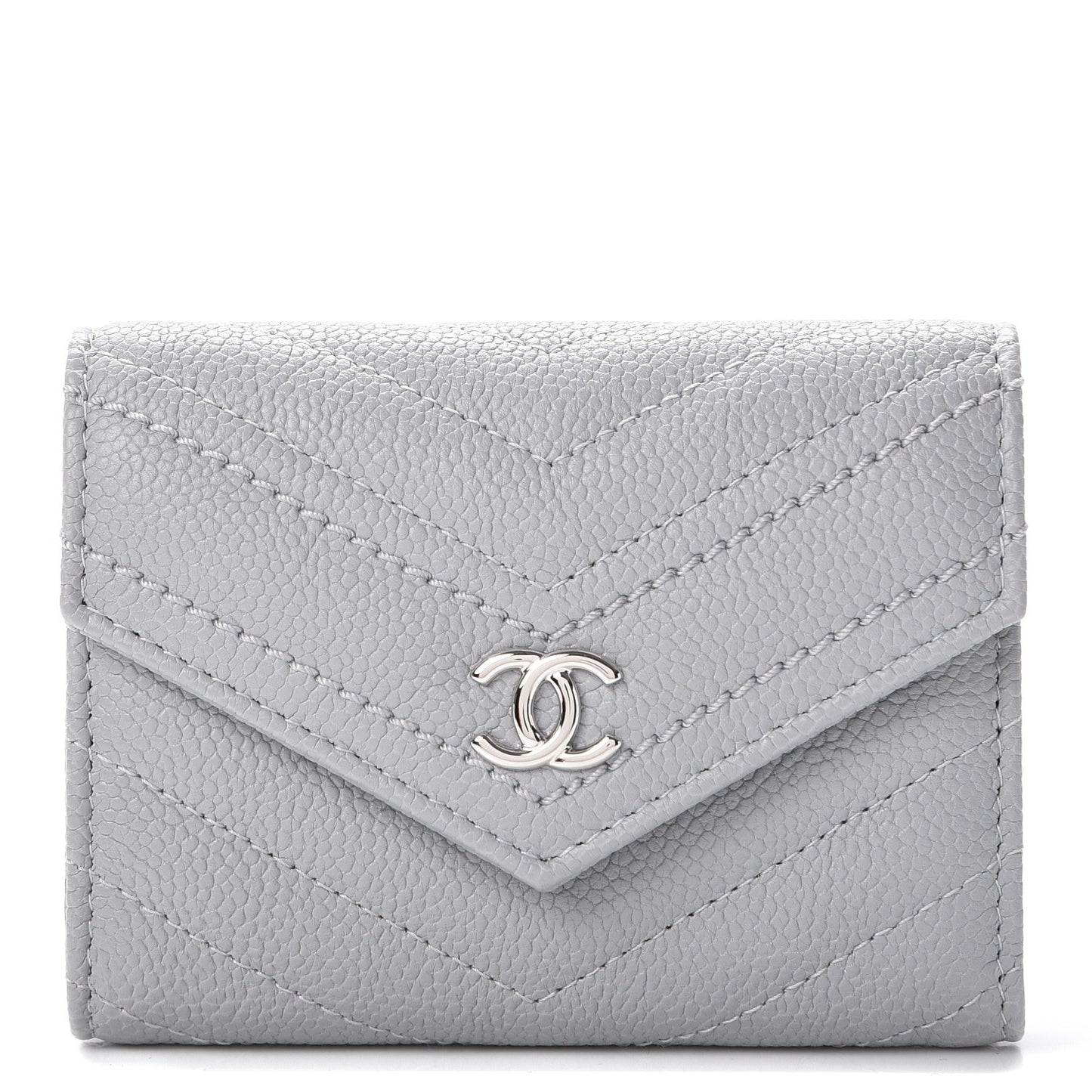 Caviar Chevron Quilted Card Holder Flap Wallet Grey