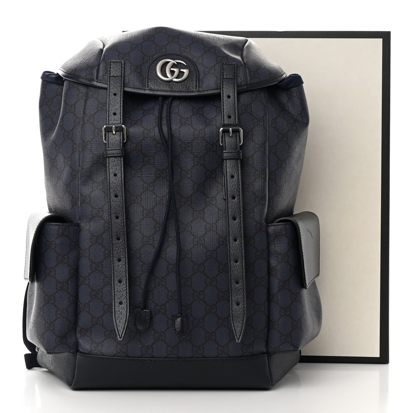 GG Supreme Monogram Textured Dollar Calfskin Medium Double Buckle Backpack Blue Dark Blue Black